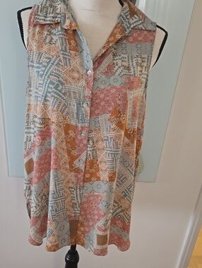 Rose & Olive Sleeveless Button-Front Tank — Pink, Blue & Tan Patchwork Print